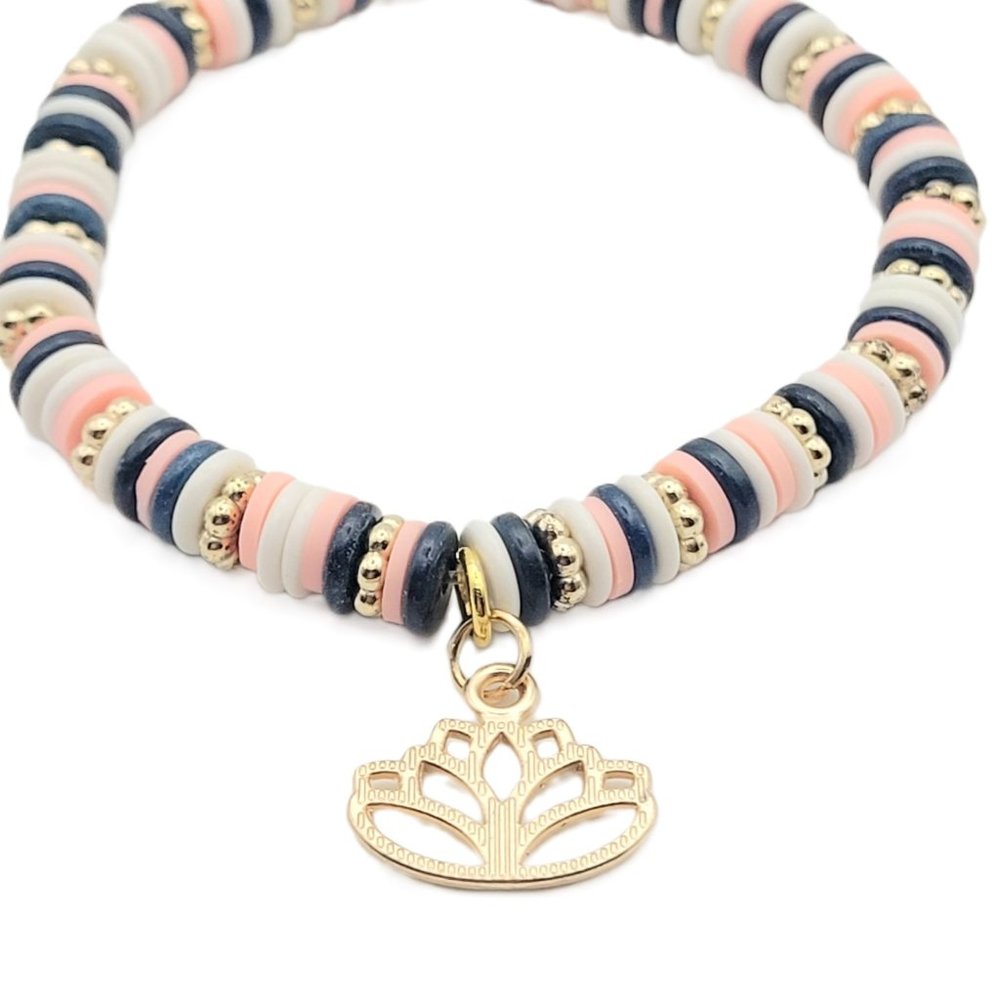 Polymer Clay and Snow Jade Heishi Bead Stretch Bracelet - Lotus Flower Charm